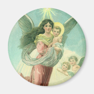 Aimant Noël vintage, Ange victorien avec Bébé Jésus