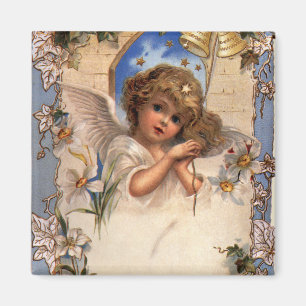 Aimant Noël vintage, Ange victorien avec cloches d'or