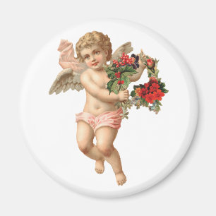 Aimant Noël vintage, ange victorien avec couronne de fleu