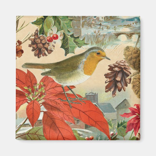 Aimant Noël vintage avec oiseau et fleurs (Devant)