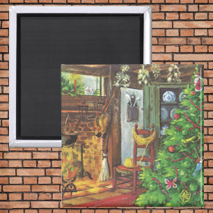 Aimant Noël vintage, chalet confortable avec cheminée