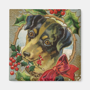Aimant Noël vintage, chiot teckel avec houx