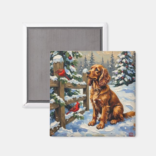 Aimant Noël Vintage Cocker Spaniel et cardinaux (Recto/Verso)