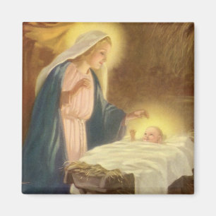 Aimant Noël vintage de la Nativité, Marie Joseph Enfant J