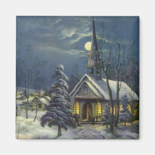 Aimant Noël Vintage, Église d'hiver en Neige avec Lune