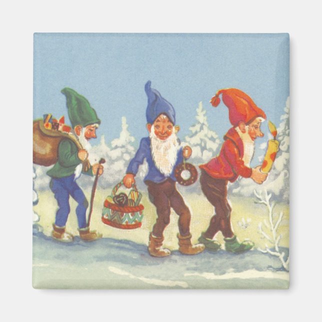 Aimant Noël vintage, Elfes dans la forêt enneigée d'hiver (Devant)