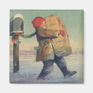 Aimant Noël vintage, enfant avec le grand paquet