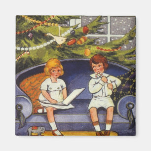 Aimant Noël vintage, Enfants assis sur un canapé