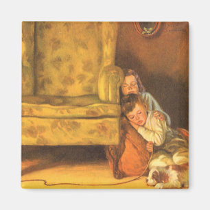 Aimant Noël vintage Enfants attendant le Père Noël