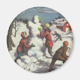 Aimant Noël vintage, enfants bataille de boules de neige