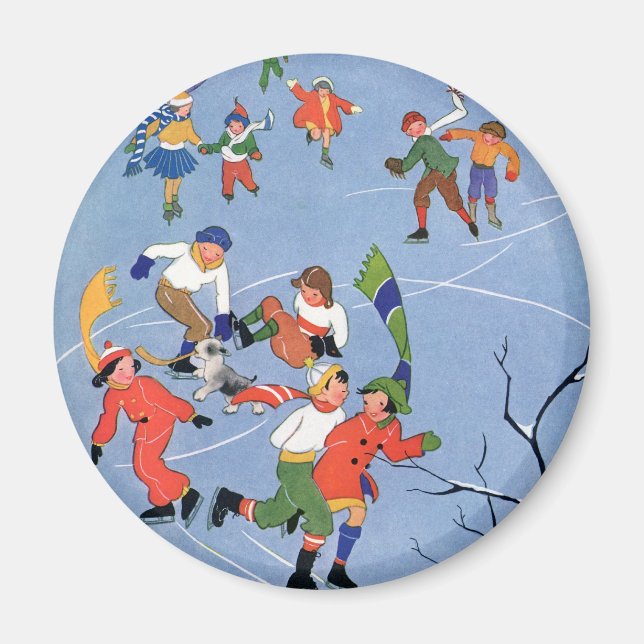 Aimant Noël vintage, enfants patinant sur un lac (Devant)
