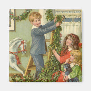 Aimant Noël vintage, enfants victoriens décorant