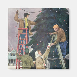 Aimant Noël vintage, famille accrochant des lumières sur