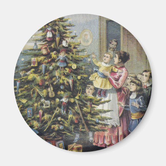Aimant Noël Vintage, Famille Victorienne Autour De L'Arbr (Devant)
