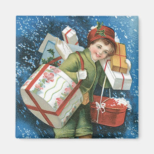 Aimant Noël vintage, Fille avec cadeaux en neige hivernal