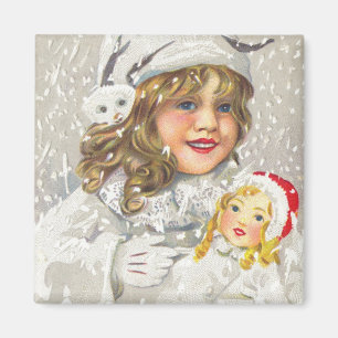 Aimant Noël vintage fille victorienne avec poupée dans la