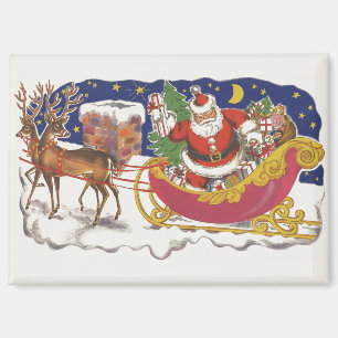 Aimant Noël vintage, joyeux Père Noël avec traîneau