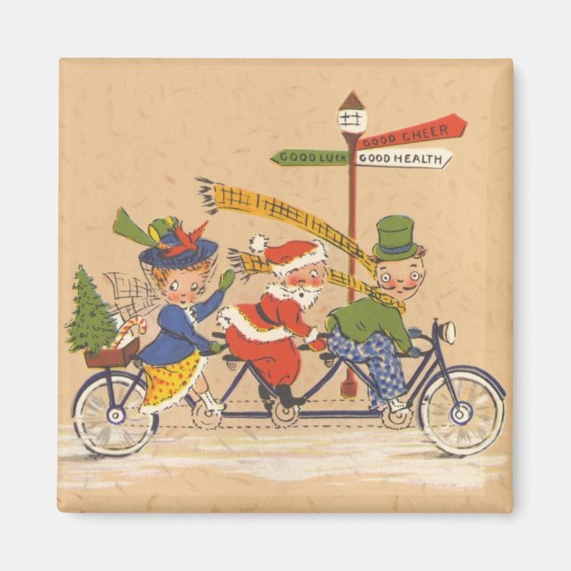 Aimant Noël vintage, le Père Noël à bicyclette (Devant)
