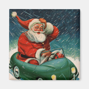 Aimant Noël vintage, le Père Noël dans une voiture mignon