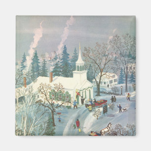 Aimant Noël vintage, Les gens vont à l'église en neige
