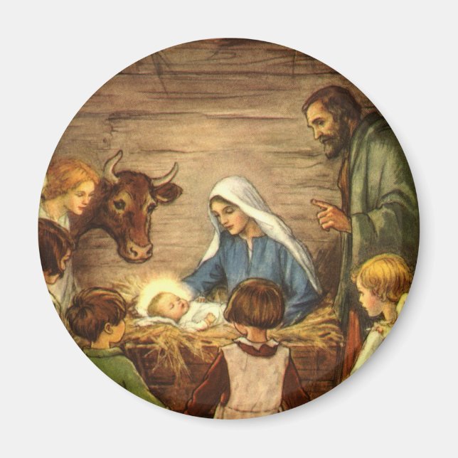 Aimant Noël Vintage, Nativité Religieuse avec Bébé Jésus (Devant)