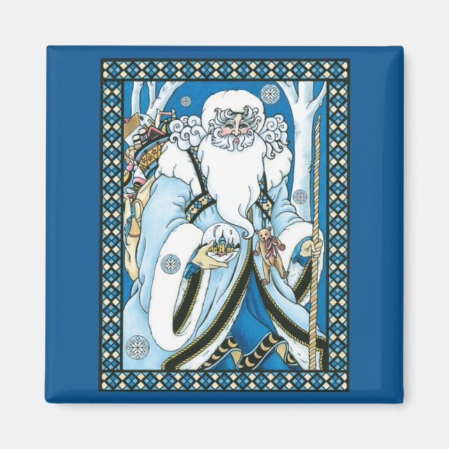 Aimant Noël Vintage, Père Noël Bleu avec Snowglobe (Devant)