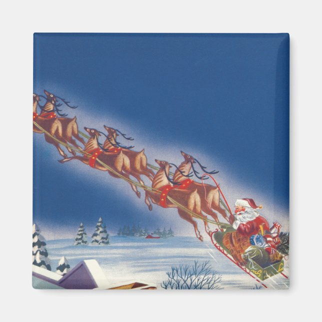 Aimant Noël Vintage, Père Noël Flying Sleigh w Reindeer (Devant)