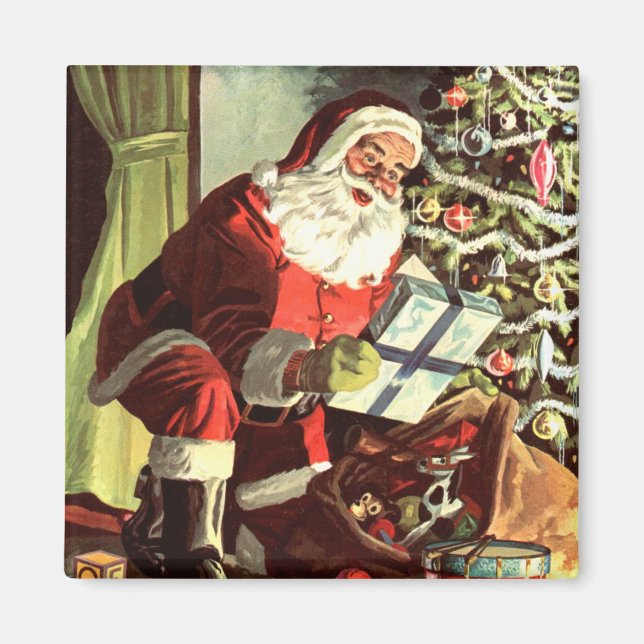 Aimant Noël vintage, Père Noël rétro avec cadeaux (Devant)