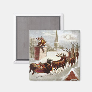 Aimant Noël vintage, Saint Nicolas sur le toit