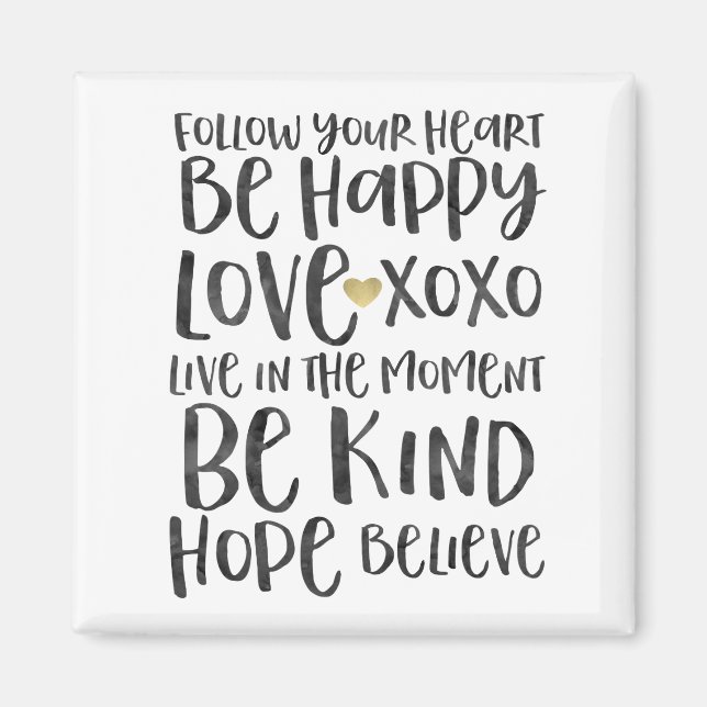 Aimant Noir Aquarelle Mots Inspirationnels Gold Heart (Devant)