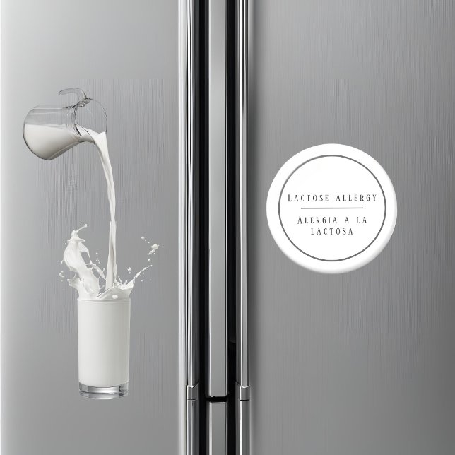 Aimant Noir & Blanc Bilingue Lactose Allergie Espagnol (Bilingual lactose allergy warning magnet, Spanish custom text & name Multilingual project)