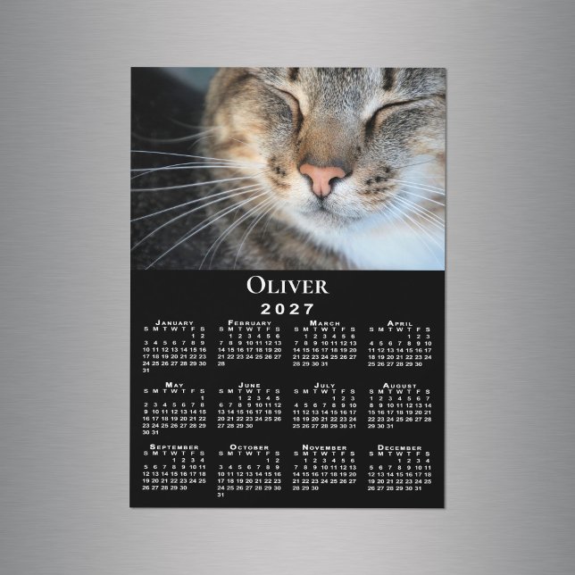 Aimant noir calendrier 2027 avec photo de compagni (Custom Pet Photo Name 2027 Calendar Black Magnet in situ)