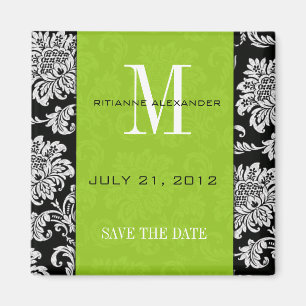 Aimant Noir Damask Monogramme Vert Enregistrer La Date