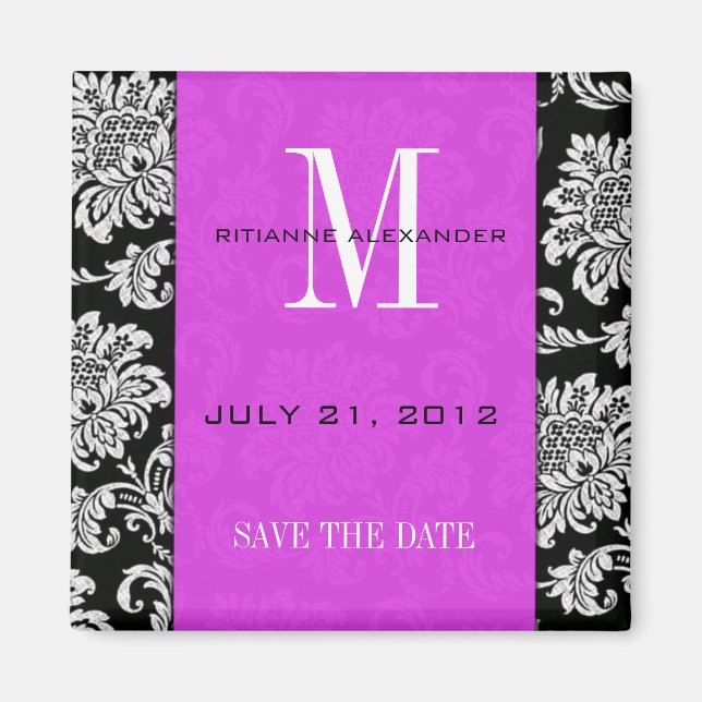Aimant Noir Damask Plum Monogramme Enregistrer La Date (Devant)