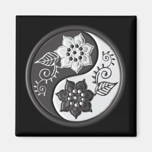 Aimant Noir et argent floral Yin Yang