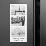 Aimant noir et blanc mariage de poche photo<br><div class="desc">L'aimant personnalisé de mariage est conçu comme une bande de cabine photo et personnalisé avec 3 photos du couple. Conception en noir et blanc (pour le modifier s'il vous plaît cliquez sur le bouton pour modifier la conception) avec des noms personnalisés et la date mariage.</div>
