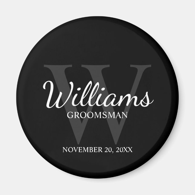 Aimant Noir Personnalisé Script Groomsmen Nom&Monogramme (Devant)
