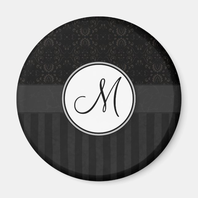 Aimant Noir sur Noir Damas et rayures avec Monogramme (Devant)