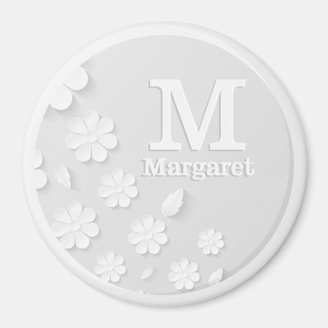 Aimant Nom à relief floral blanc initiales personnalisées (Devant)