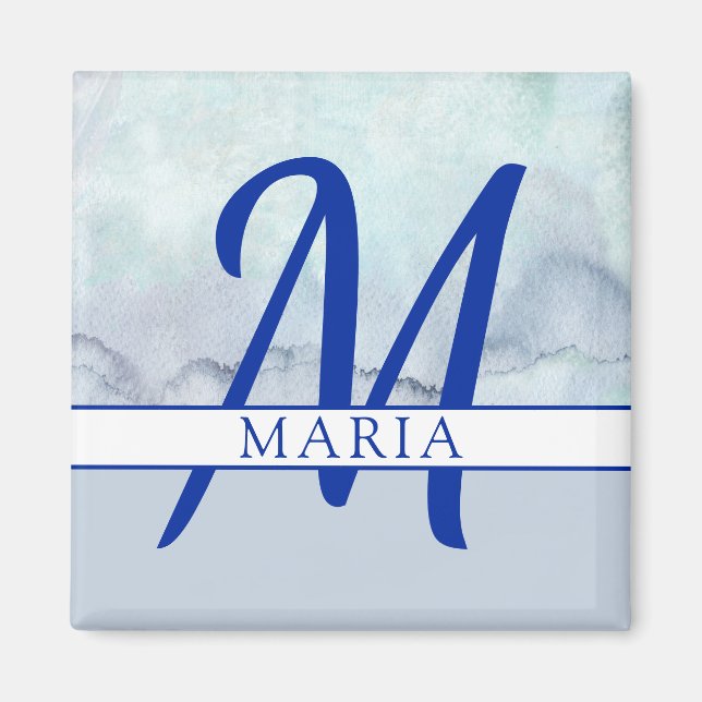 Aimant Nom | Aquarelle bleu monogramme (Devant)