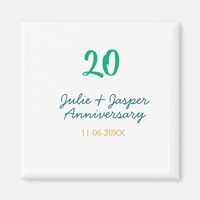 Aimant nom date anniversaire 20 ans bleu vert orange  (Devant)