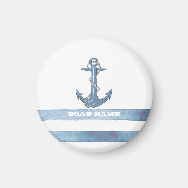 Aimant Nom de bateau nautique, Ancre, Corde, Rayures bleu (Devant)