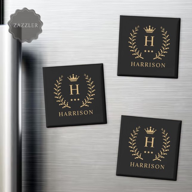 Aimant Nom de la Personnaliser et premier monogramme noir (Customize Name & Initial Black White Gold Monogram Magnet)