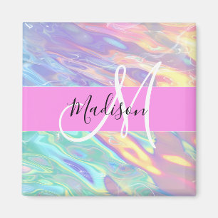 Aimant Nom de monogramme holographique iridescent rose fé