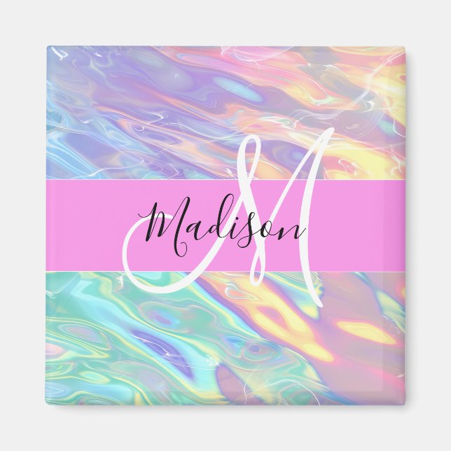 Aimant Nom de monogramme holographique iridescent rose fé (Devant)