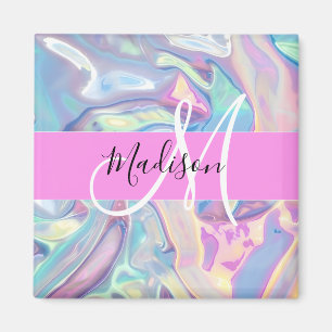 Aimant Nom de monogramme holographique iridescent rose fé