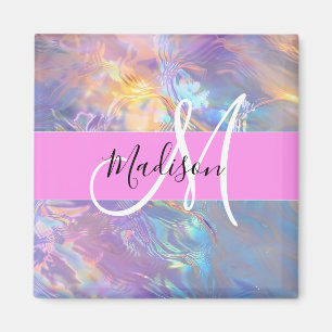 Aimant Nom de monogramme holographique iridescent rose fé