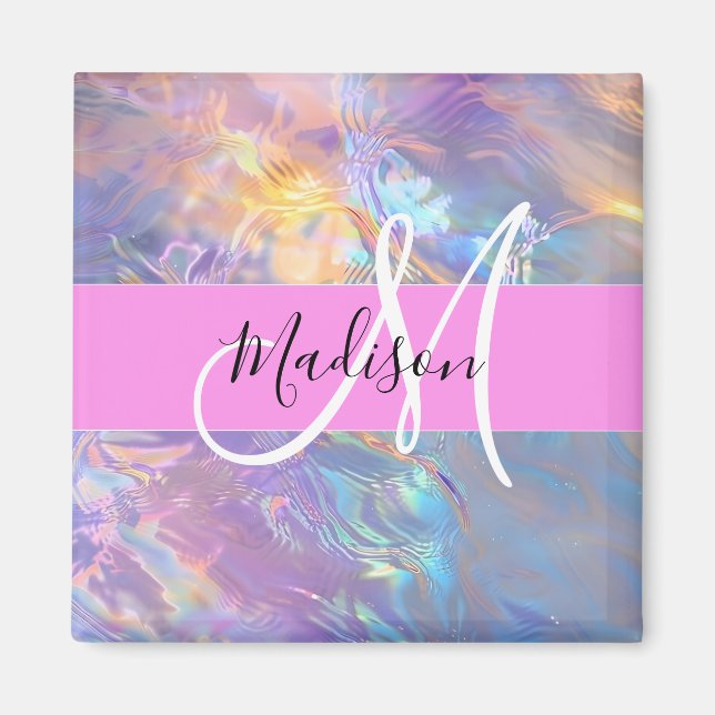 Aimant Nom de monogramme holographique iridescent rose fé (Devant)