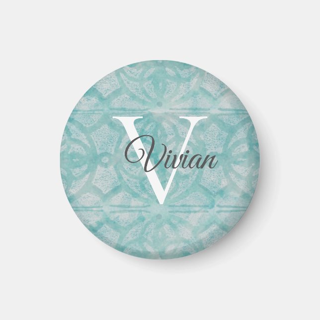 Aimant Nom du monogramme de l'aquarelle turquoise (Devant)