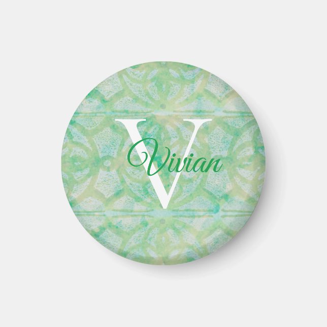 Aimant Nom Du Monogramme Vert Et Bleu De L'Aquarelle (Devant)